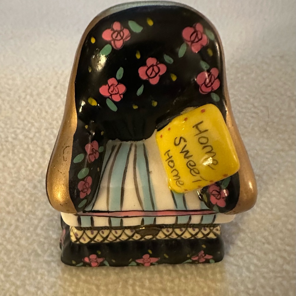 Floral Black and Gold Accent Ceramic Chair Trinket Box